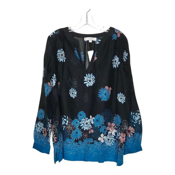 LOFT Women SZ Small Semisheer Floral Black & Blue Long-Sleeve Tunic Top Blouse - Picture 8 of 12